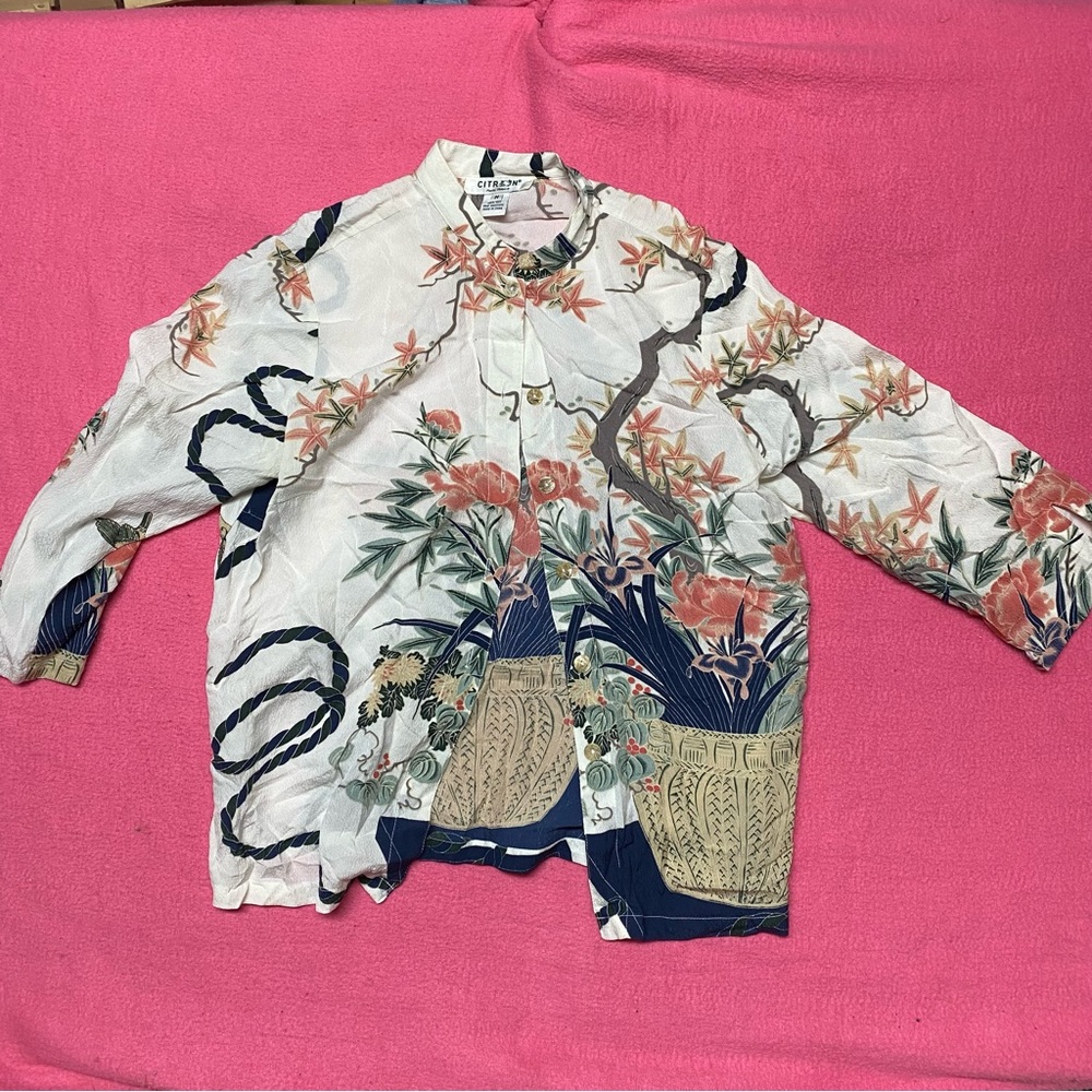 Citron Santa Monica Art to Wear Silk Mandarin Top Medium